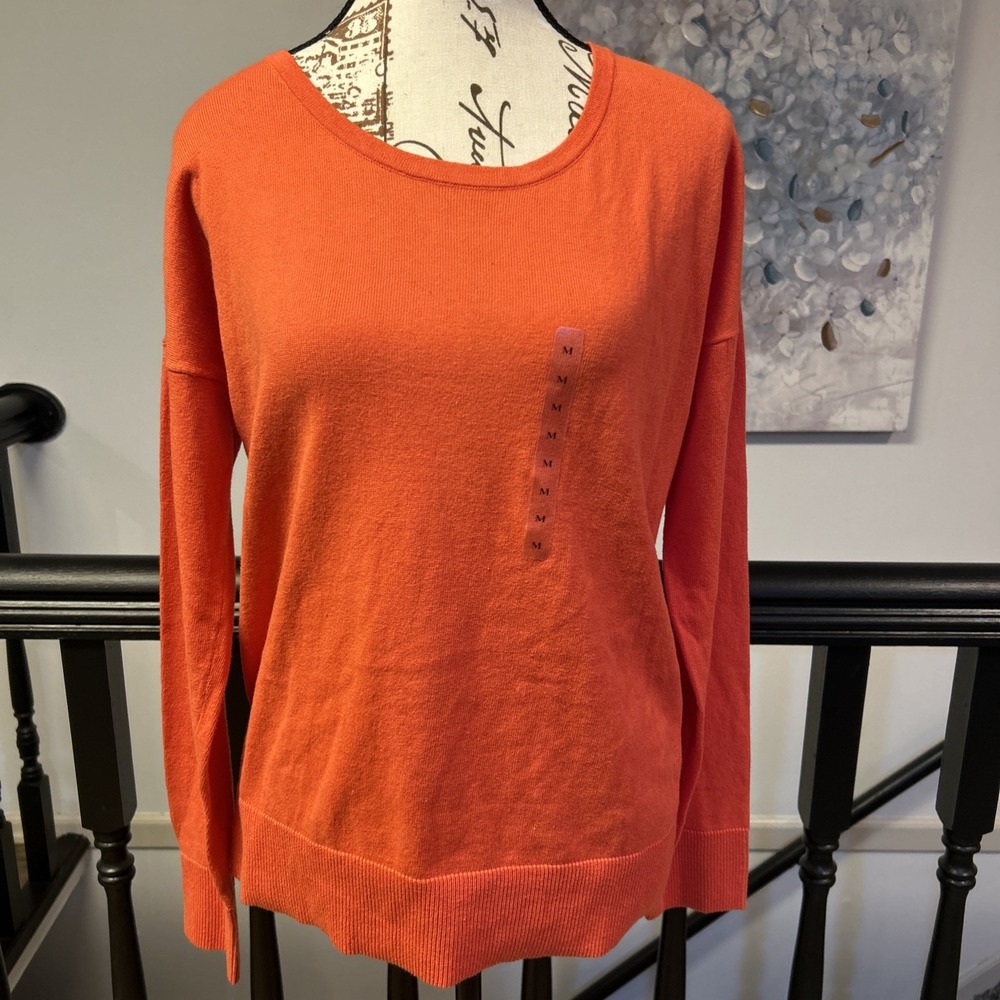 Loft Sweater Medium orange pullover Back Zipper stretch womens cotton Classic